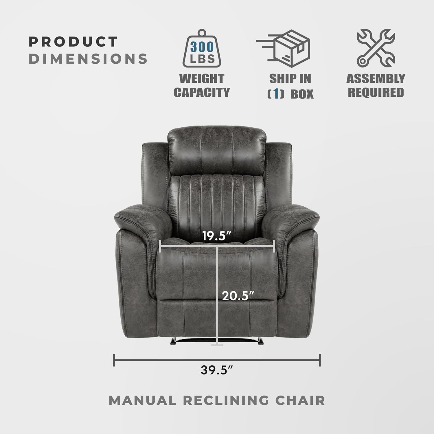 Lexicon Recliner Chair, Home Theater Seating, Manual Polished Microfiber Upholstery Reclining Chair, 39.5" W Recliner, Brownish Gray