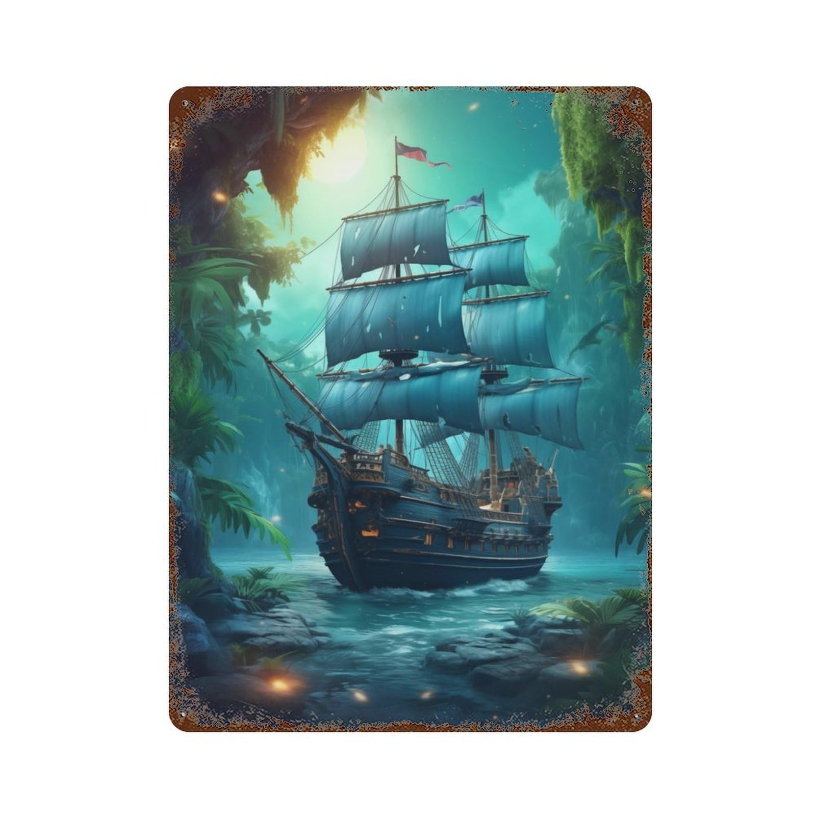 Rust Effect Fantasy Pirate Ship Weathered Tin Sign 15.7"x11.8", Classic Wall Plaque for Living Room, Hallway And Home Decor