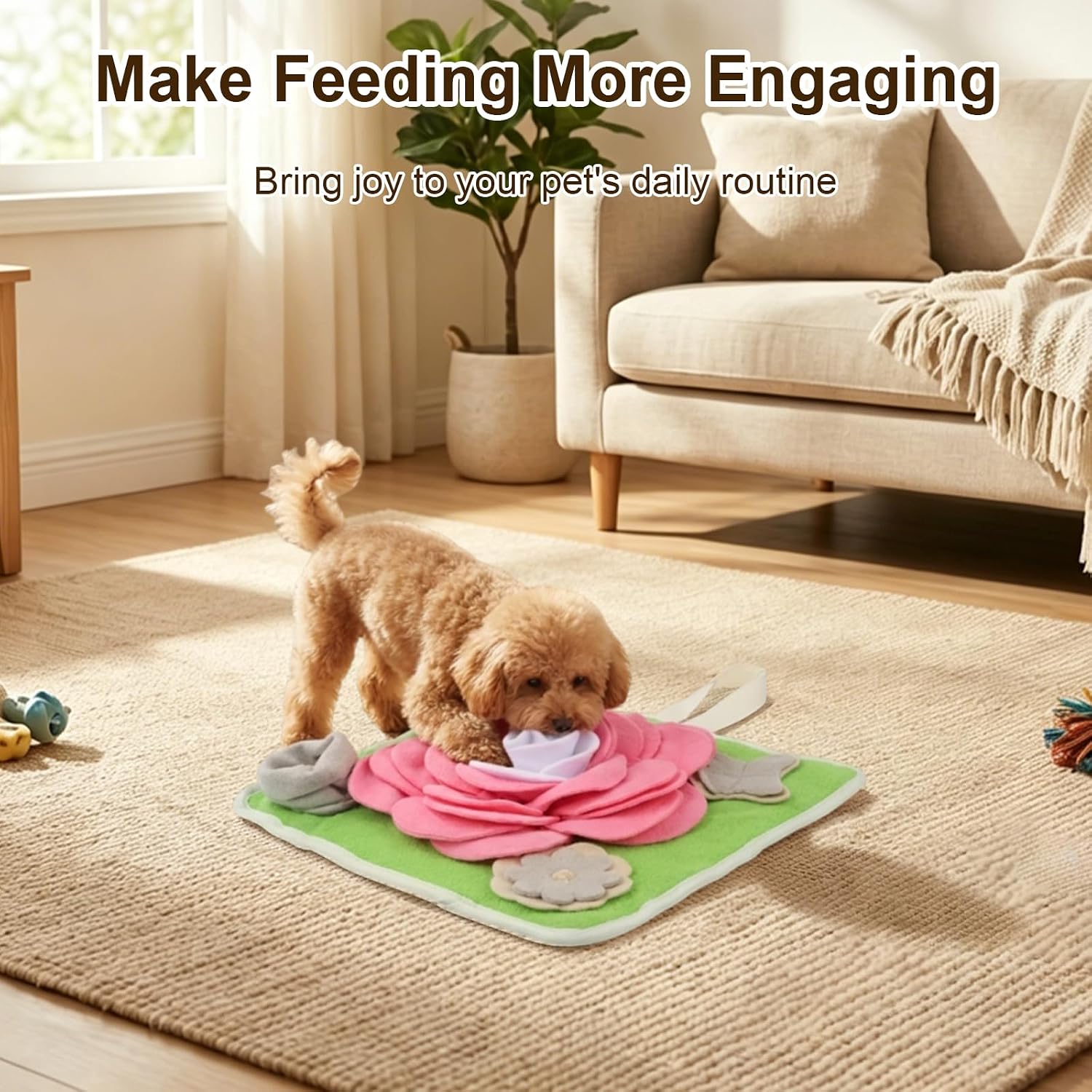 Rabbit Foraging Mat, Interactive Feed Game for Boredom, 13" × 13" Soft Pet Feeding Mat Toy for Rabbits, Guinea Pigs and Puppies, Includes Cleaning Brush & Stainless Steel Hook
