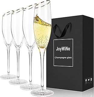 Gold Rimmed Hand-Blown Champagne Flutes Glass,No-Lead Crystal Tall Long Stem Champagne Glasses Set of 4,Mimosa Glasses Spa...