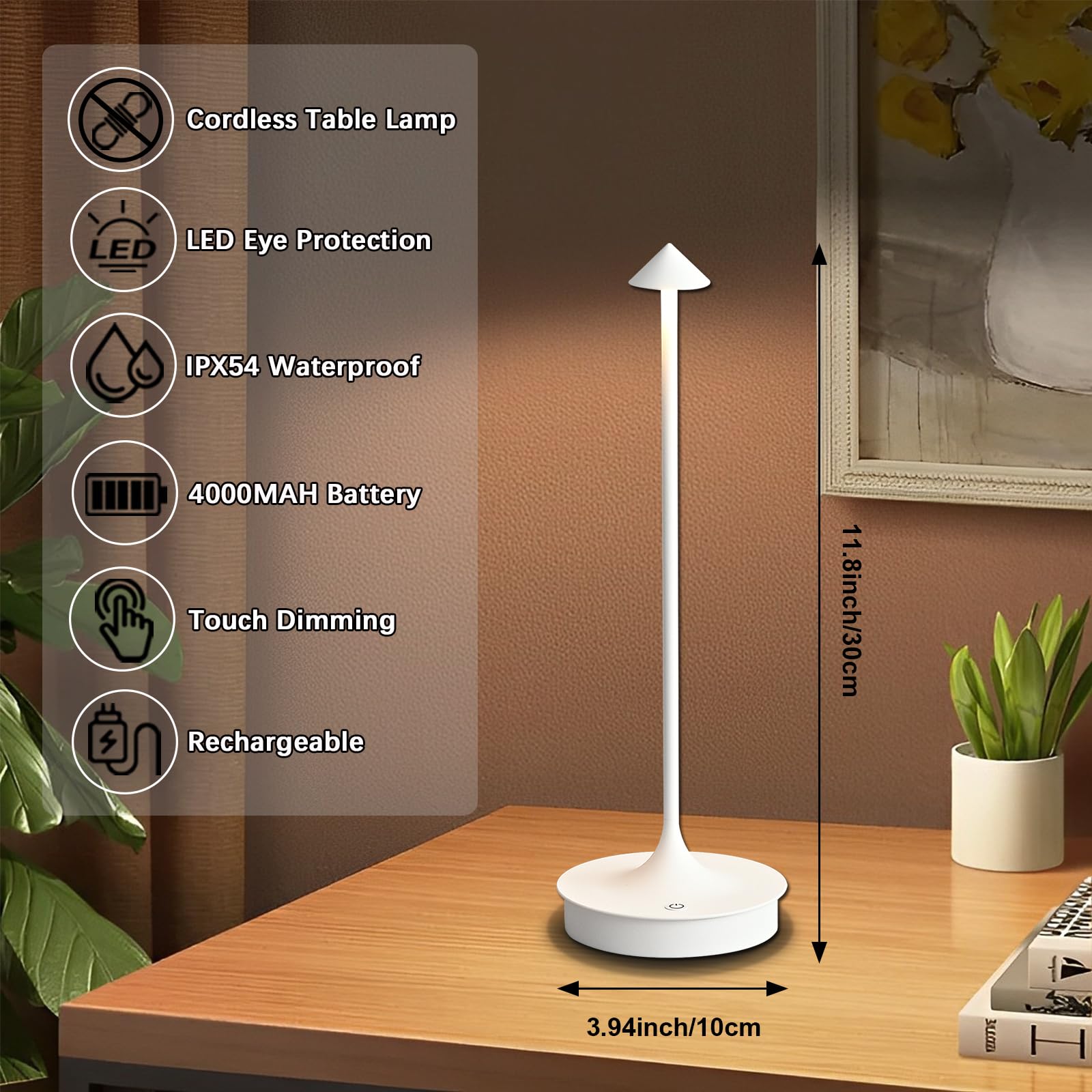 Hikyskin Lámpara de Mesa Inalámbrica LED Lámpara de Mesa Recargable Lámpara de Mesa de Pilas 4000mAh Lámpara de Mesa Exterior Portatil Lámparas Para Mesa de Restaurante/Bar/Recamara