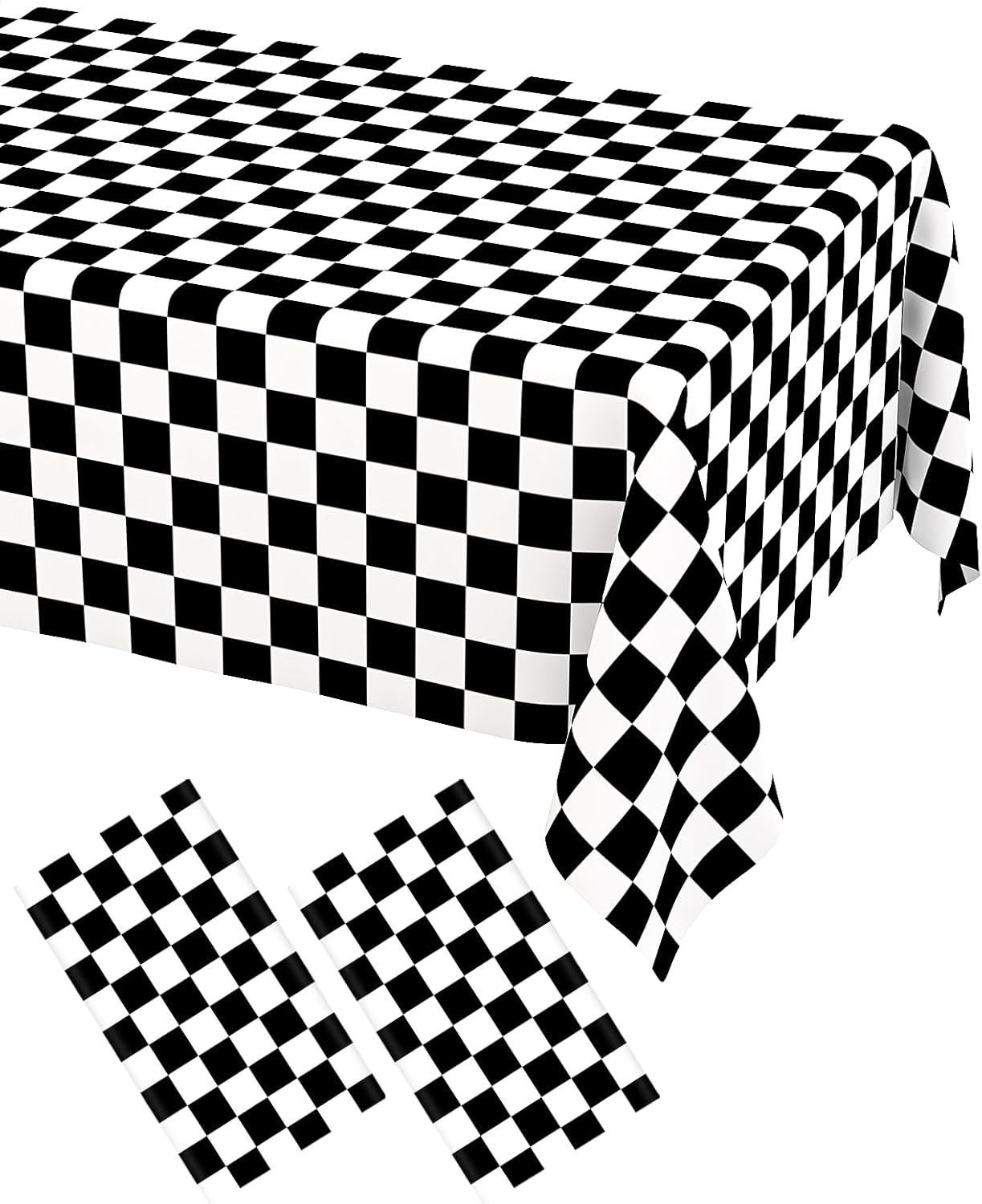 WNINK 2 Pack Black and White Checkered Disposable Tablecloth Race Car Theme Party Table Cloth, Black checkered tablecloth for Race Car Theme Birthday, Outdoor Picnic Parties Decorations, 54 × 108 Inch