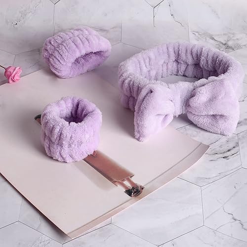 Miniatura 7 de WSYUB Diadema de spa, muñequeras, diadema para lavar la cara, 2 muñequeras para mangas secas, diadema de maquillaje, color morado
