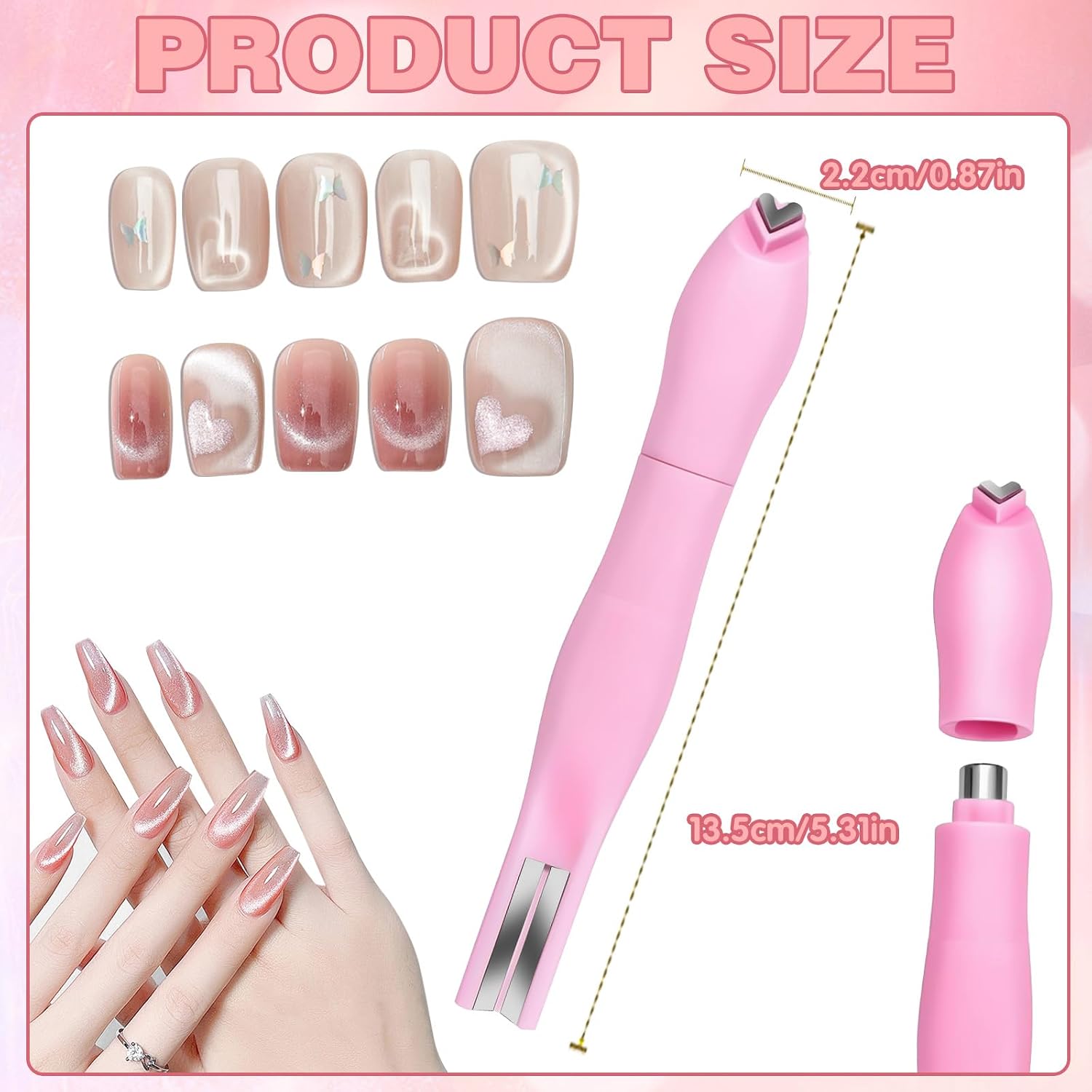 3 in 1 Cat Eye Nail Magnet, Versatile Magnet Tool for Cat Eye Polish Heart Shaped Round Multifunctional Accessories for Studio Home DIY Salo (Pink)