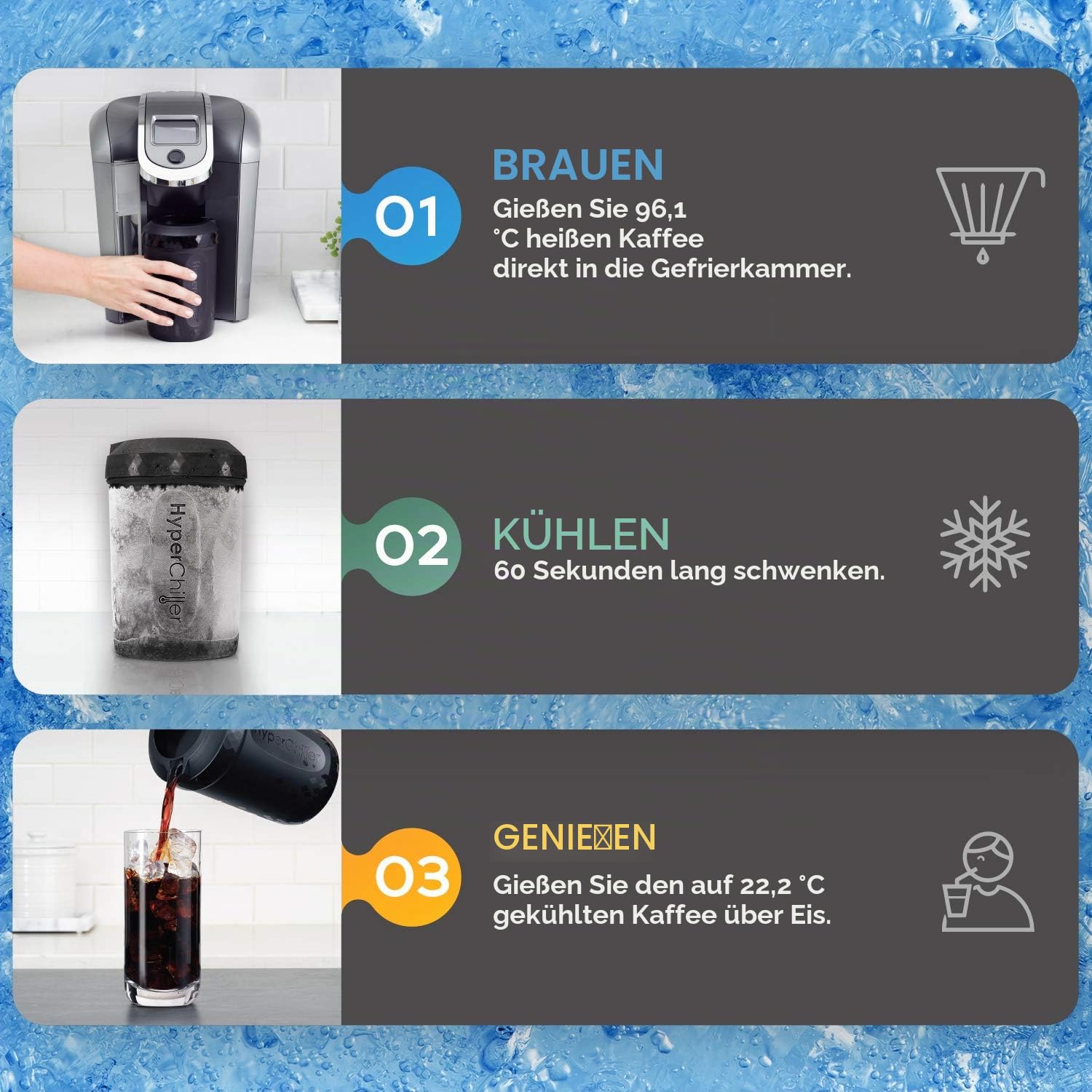 HyperChiller HC3 Eiskaffee-/Getränkekühler, patentiert, verbessert, stärker und langlebiger Fertig in einer Minute, wiederverwendbar für Eistee, Wein, Spirituosen, Alkohol, Saft, 355 ml, schwarz