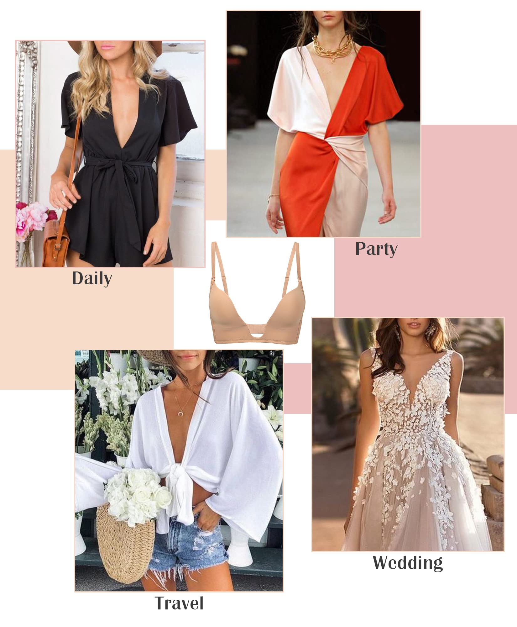 DotVol Multiposición Push Up Sujetador con Escote Profundo Deep V sin Relleno para Vestido