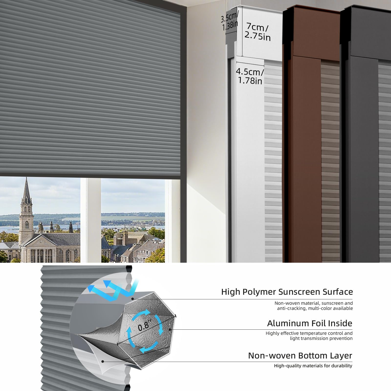 TIPIACE Persianas Eléctricas De Panal De Abejas De Cableado Duro Persianas De Tejido Impermeable De Sombra Completa, Tamaño Personalizado (Gris Oscuro 93021F W80 X L 120cm