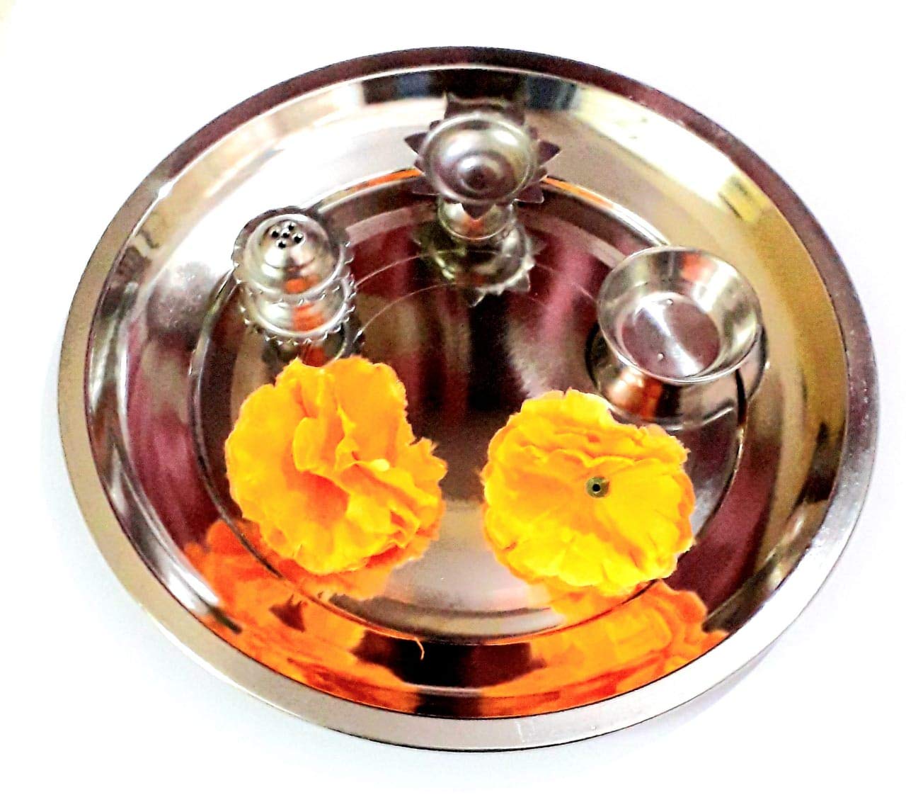 S.S TRADERS Stainless Steel Pooja Thaali in Plain Unique Design/Thali for HomeMandir and Office with Deepak, Agardaan, katori 8.5 inch
