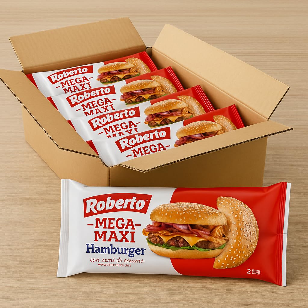 "Roberto Mega Maxi Hamburger – Pane Morbido con Semi di Sesamo, 2 Panini per Confezione, Ideale per Hamburger Giganti e Grigliate, Scorta da 8 Confezioni"
