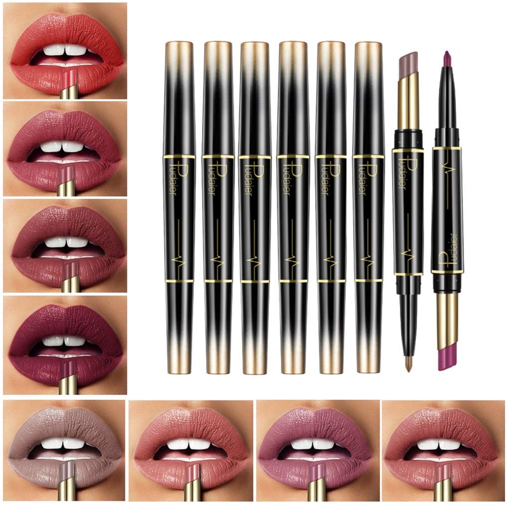 Rechoo 8 Pcs Dual Heads Matte Moist Lipstick Long Lasting Waterproof Mate Lip Liner Pencil Set (Lu)