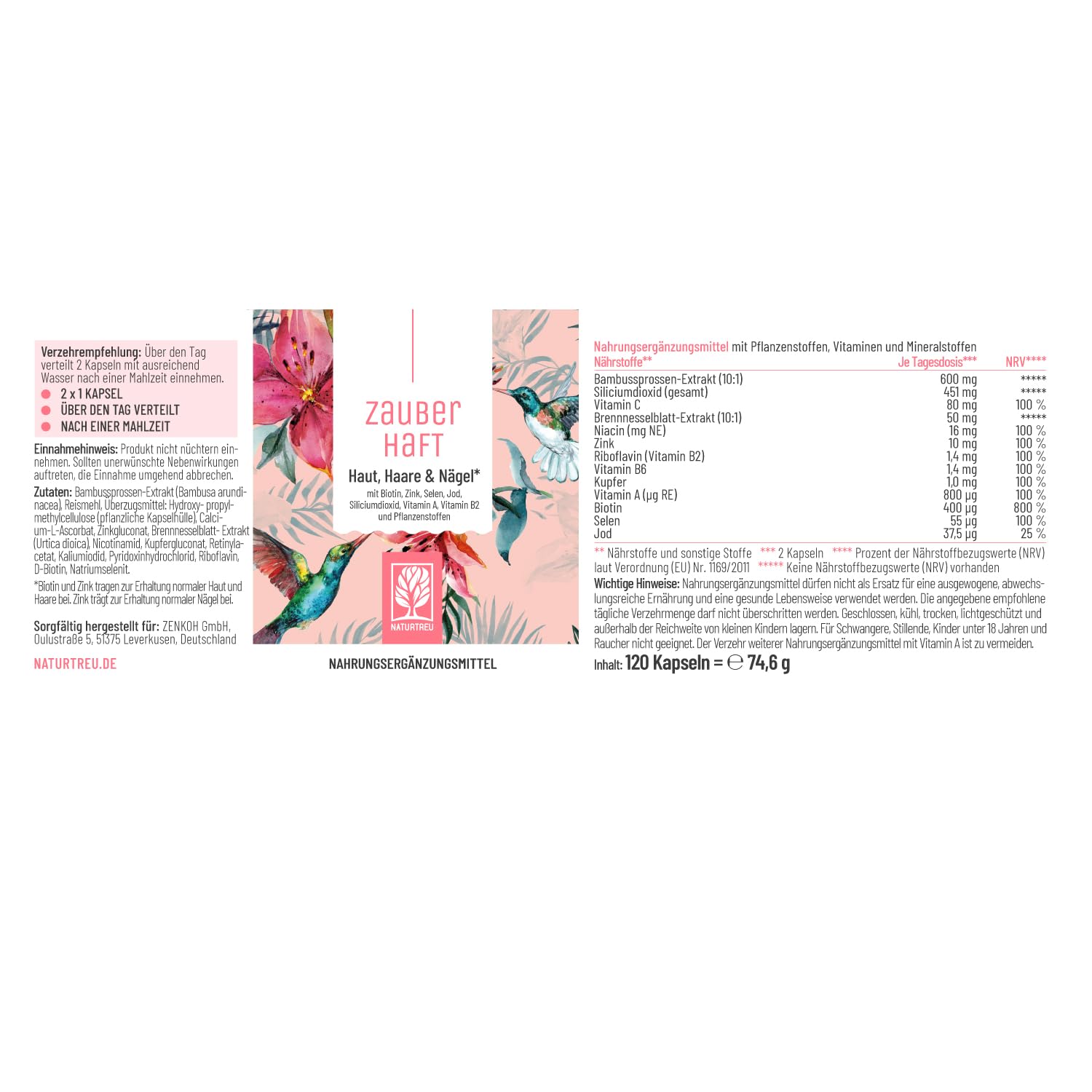 NATURTREU® Haar Vitamine - 451mg Silizium hochdosiert & Biotin Zink Selen für Haare - Kieselsäure aus Bambus, Kupfer, Iod, Brennnessel und B-Vitamine - 120 Kapseln - Vegan aus Deutschland