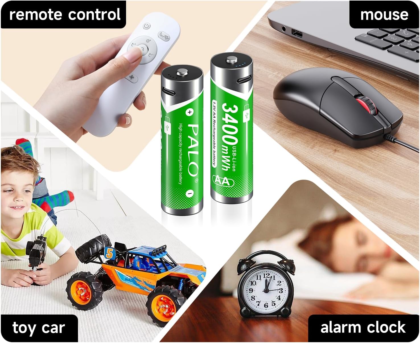 Palogreen AA batteries shown with various compatible devices: remote control, computer mouse, toy car, and alarm clock.