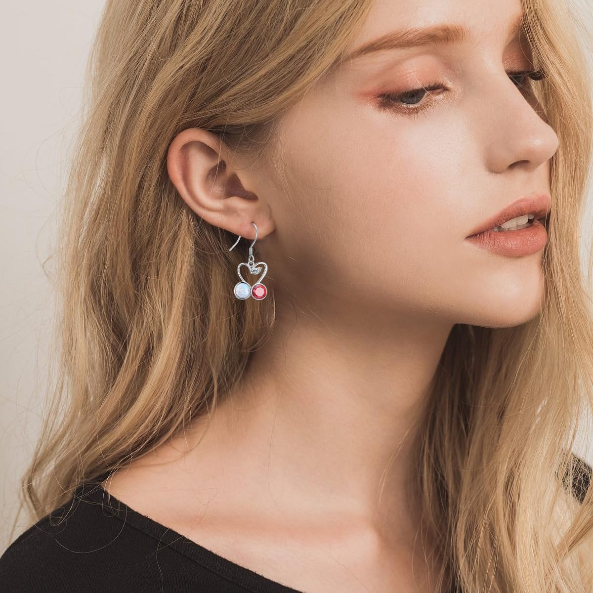 Cherry Earrings - 925 Sterling Silver Red Crystal and Opal Cherry Dangle Earrings for Women Crystal Drop Birthday Christmas Fruit Jewelry Gifts - Image 2