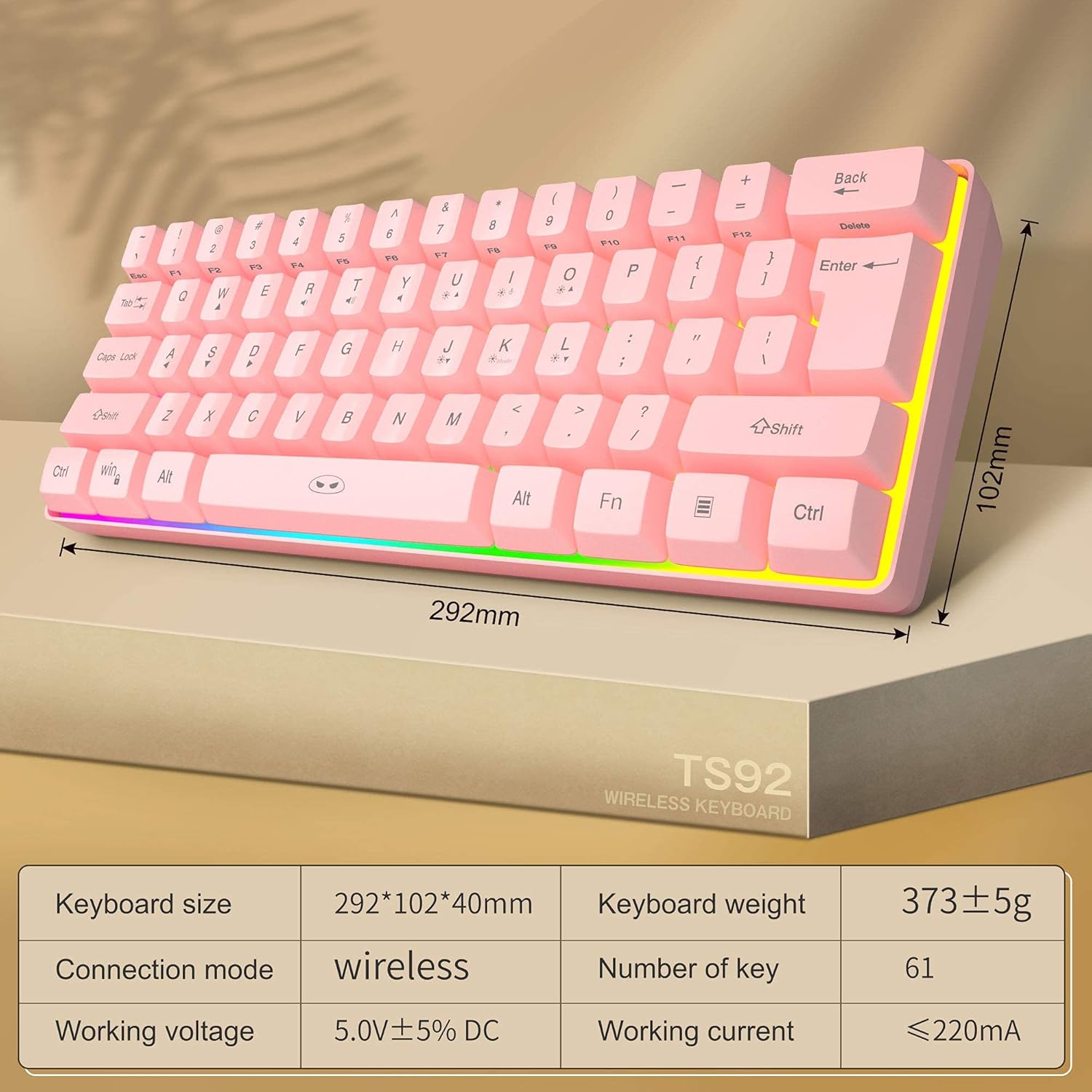 Diagram showing the dimensions and key specifications of the MageGee TS92 wireless keyboard