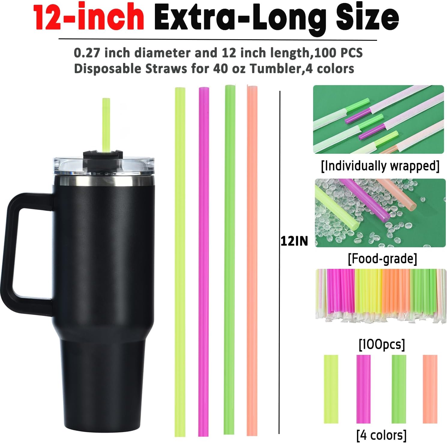 100PCS Disposable Straws for 40 Oz Tumbler, 12in Extra Long Individually Wrapped Straws for Stanley 40 Oz 30 Oz 20 Oz Cup, Neon - Image 2