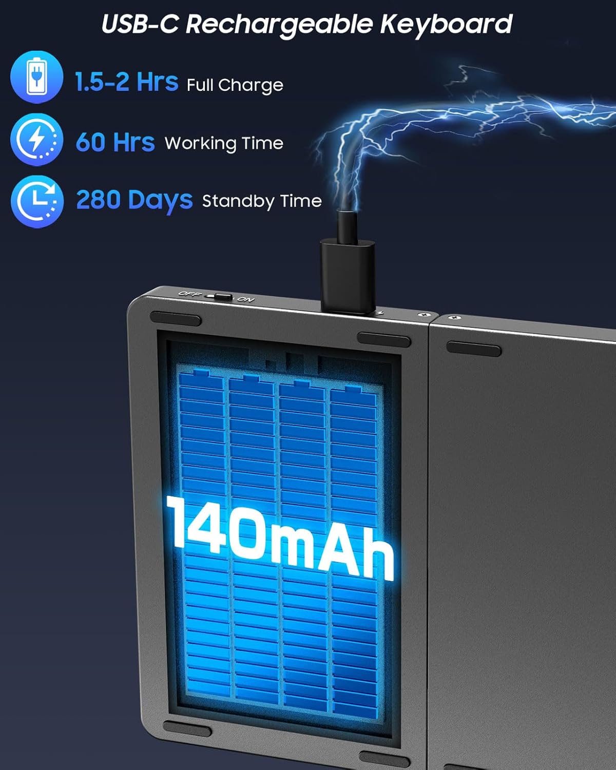 Potret jarak deukeut port ngecas USB-C kibor anu disambungkeun ku kabel