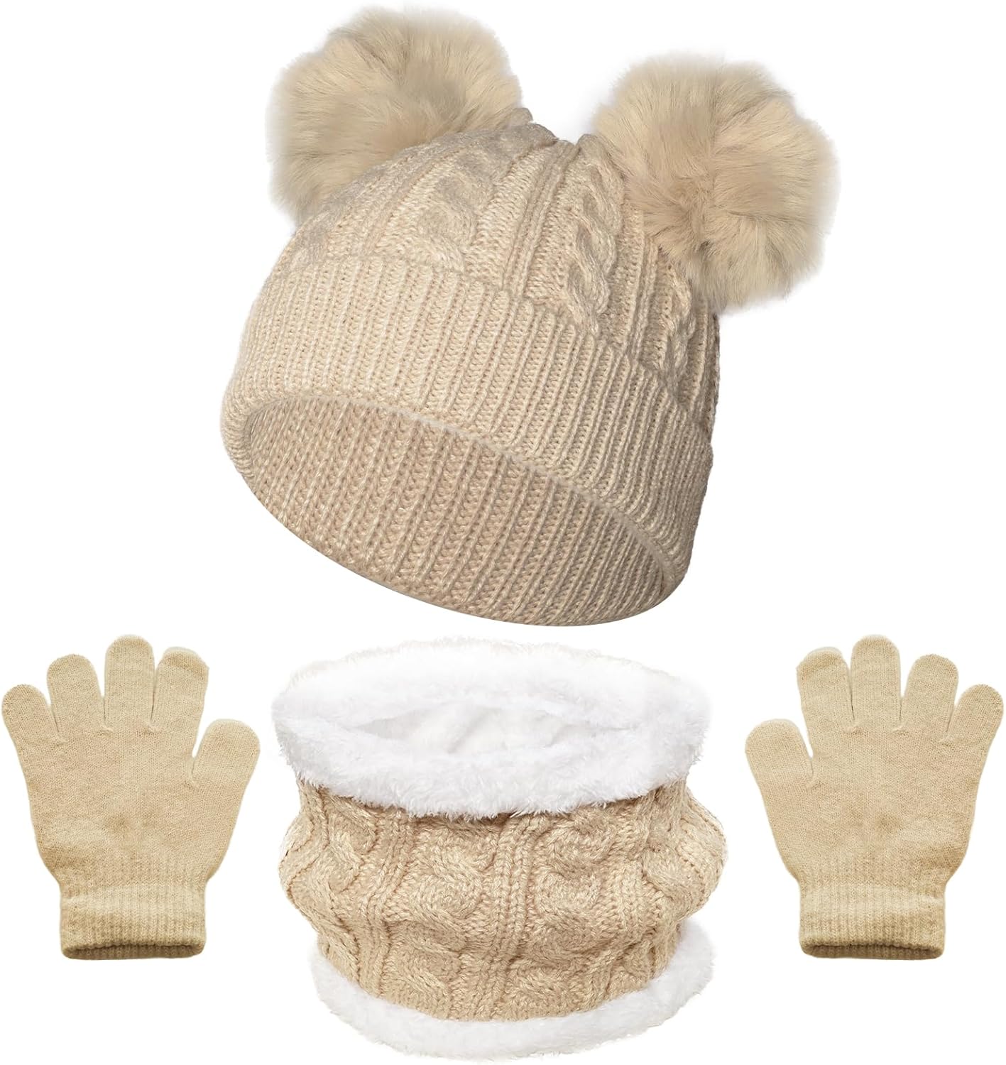 Kids Winter Hat Scarf Gloves Set Children Warm Knit Fleece Lined Pompom Hat Thick Beanie Hats Gloves for Girls Boys