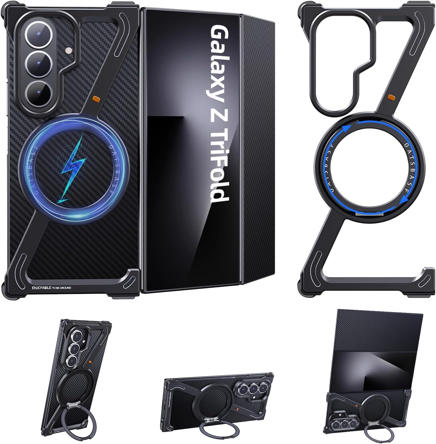 Z Shape for Samsung Galaxy Z Trifold Bumper Case with Stand,360°Rotatable Magnetic Metal Ring Kickstand,Frameless Minimalist Military Grade Protector Phone Cases for Z Trifold Cover(Black)