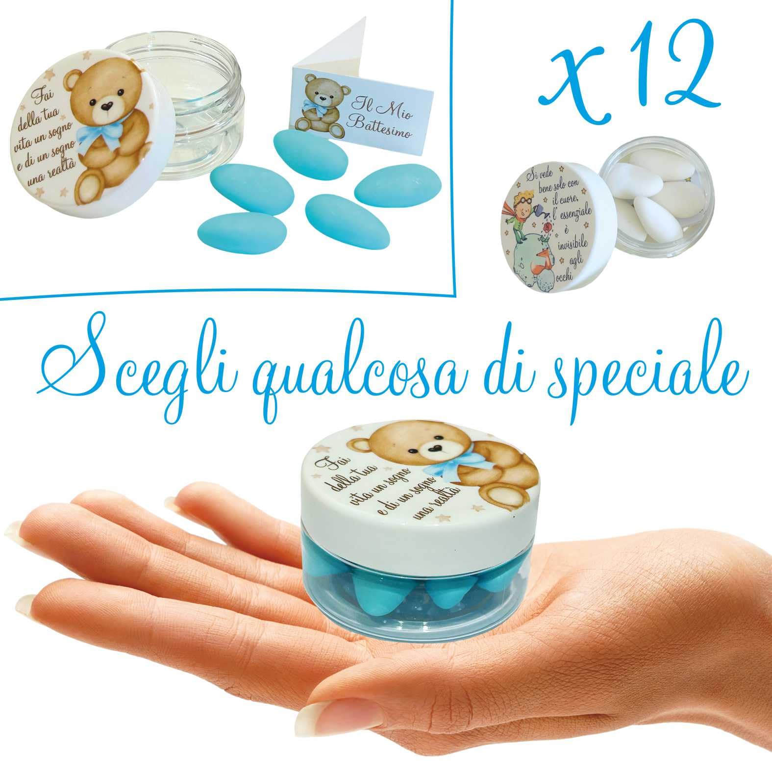 Regalami.Shop Set 12 Scatoline Orsetto Bomboniere con 5 Confetti Celesti alla Mandorla e Bigliettini Tematici (Celeste)