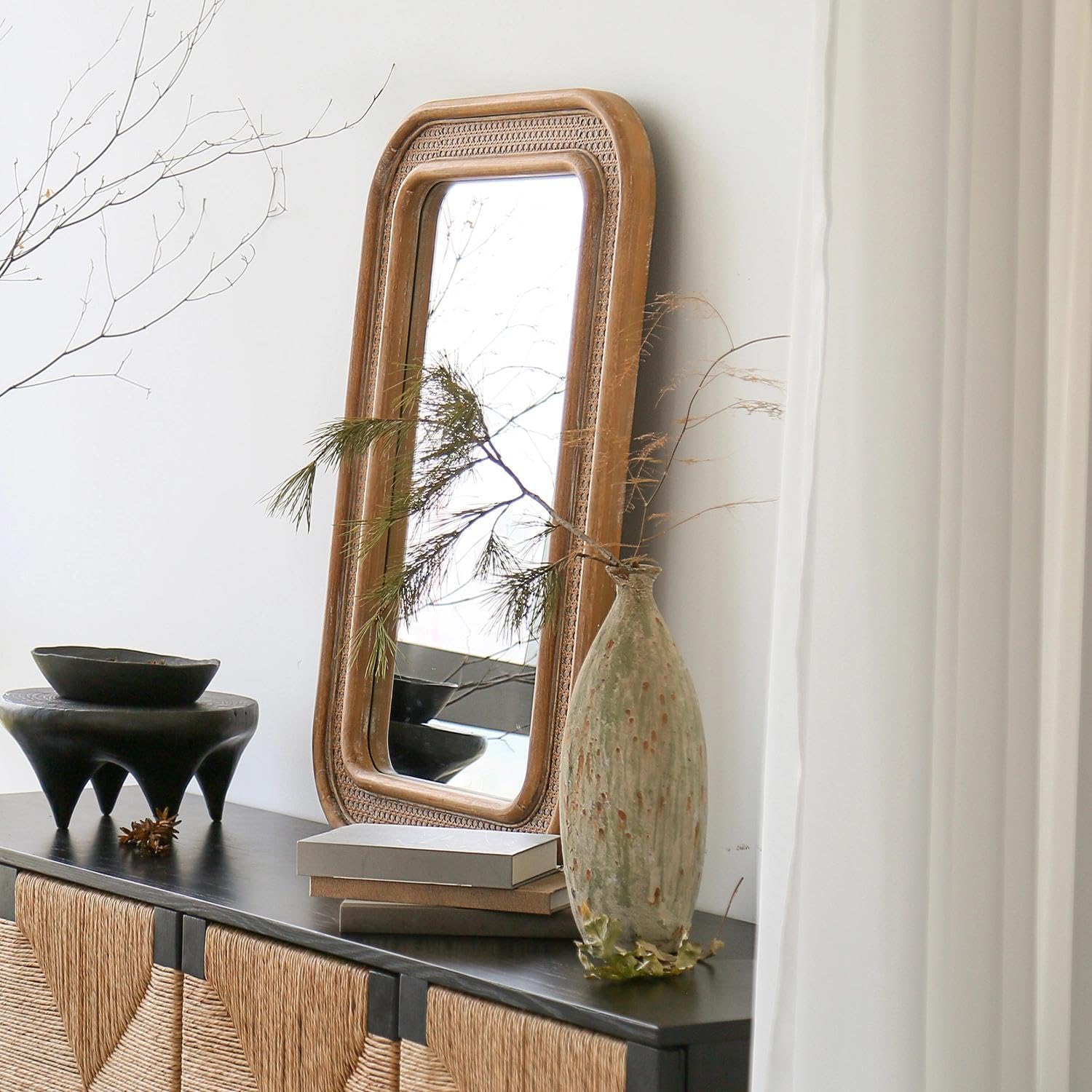 Micasso Handmade Rattan Mirror for Wall: 24"x36" Solid Wood Frame Bamboo Mirror - Distressed Finish Suit for Natural Style - Rustic Shabby Chic Wicker Mirrors for Farmhouse/Entryway for Nature Lovers