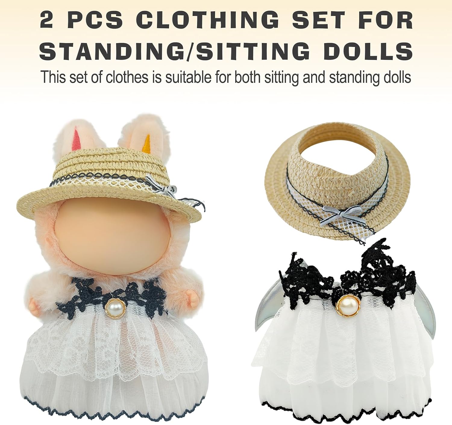 White Doll Clothes for Labubu, Cute Doll Accessories for 15-17cm Dolls, Kawaii 2 Piece Labubu Dress and Straw Hat for Girl, Adorable Outfit LABUBU Designer Clothes Accessories for Dolls