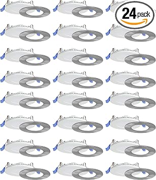 Nadair 6 LED Recessed Ultra Slim Lights, 24-Pack, IC Rated, Dimmable, 12W, 1000 Lumens, 3000K Warm White, Large Junction Box with Quick Connect System, White Finish, Brushed Nickel Trim Included