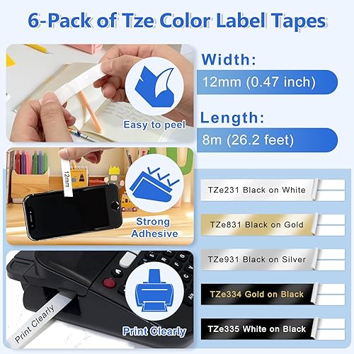 Vista 22 de BOYEEZON Paquete de 5 cintas de color laminadas de 0.019 in, compatibles con Brother P Touch TZe-131, 132, 133, 232, 233, 0.47