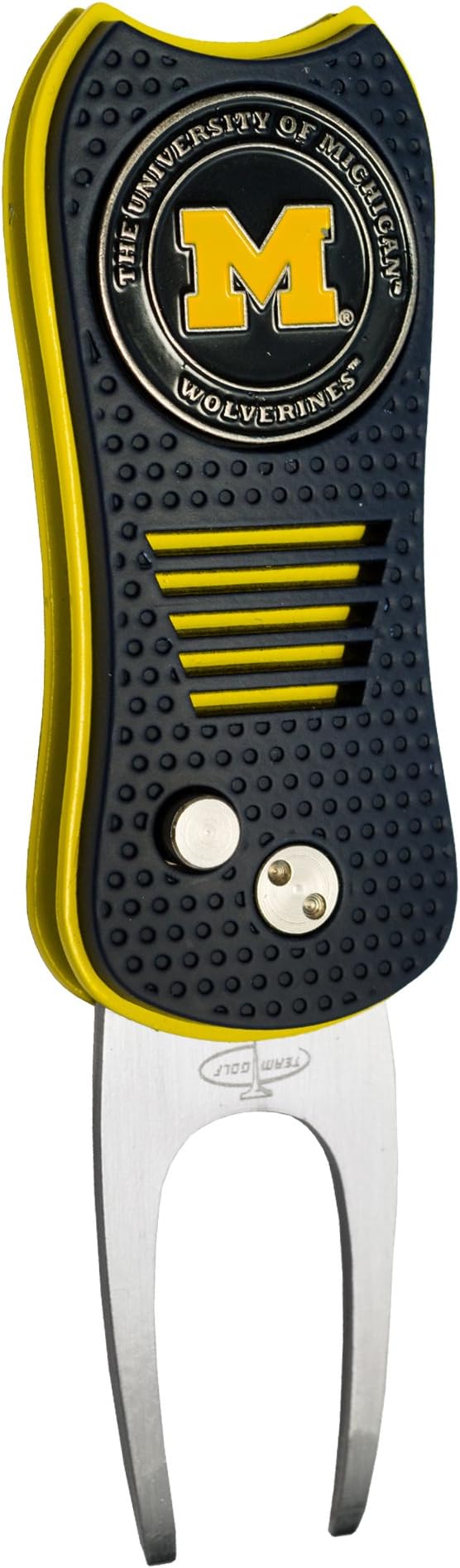 NCAA Switchblade Divot Tool with Double-Sided Magnetic Ball Marker, Features Patented Single Prong Design, Causes Less Damage to Greens, Switchblade Mechanism