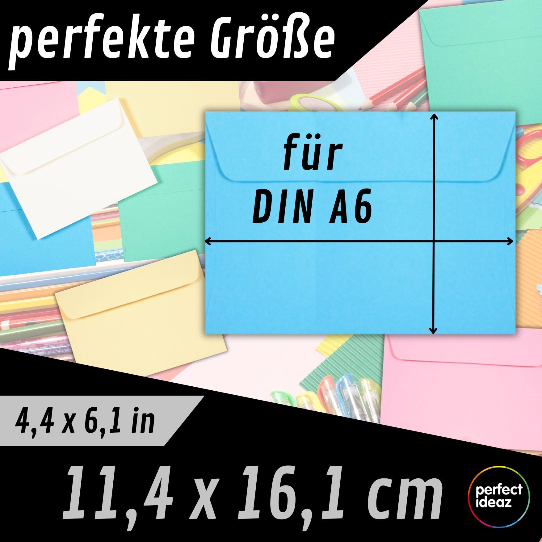 perfect ideaz - 50 kopert pastelowych DIN-C6 bez okienka, do DIN A6 z papieru z recyklingu, 5 kolorów, Made in Germany
