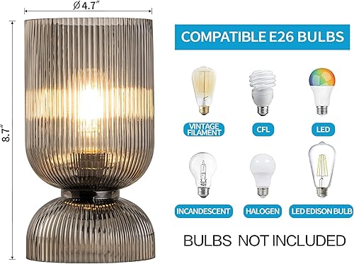 Miniatura 6 de Lámpara de mesa moderna, lámpara de mediados de siglo con pantalla de cristal gris ahumado, lámpara de noche con interruptor de encendidoapagado,