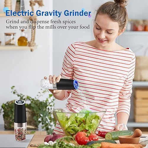 Miniatura 7 de Gravity Electric Salt and Pepper Grinder Set, Battery Powered LED Light One Hand Automatic Operation, Adjustable Coarseness Mill Grinders Shakers A.