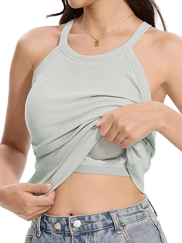 Orrpally Women Ribbed Tank Tops Built in Bra Halter Tank Top Sleeveless Undershi