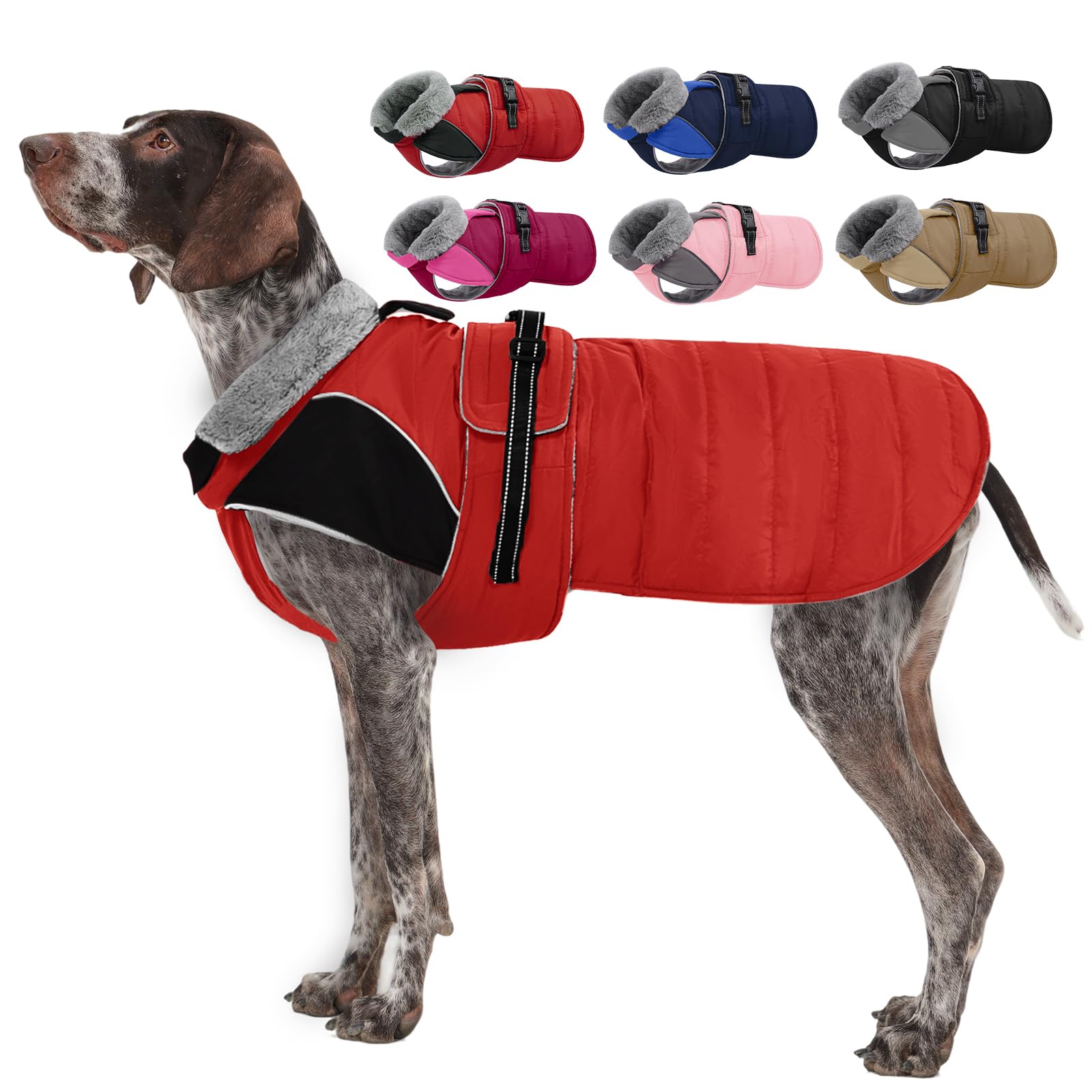Nanaki Large Dog Coats for Winter Waterproof, Warm Fleece Lining Reflective Large Dog Jacket with Leash Hole,Furry Collar Cold Weather Puppy Jacket Outdoor Walking Hunting Easy On Pet Snow, Red 2XL — image 1