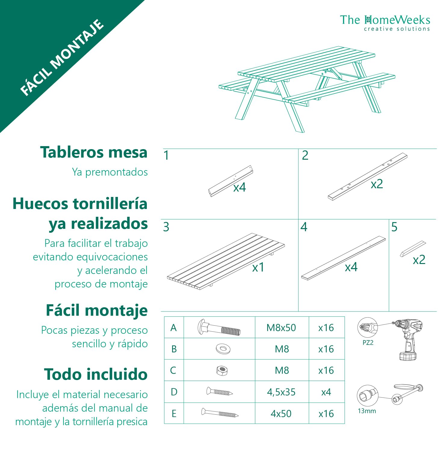 The Homeweeks Mesa Picnic jardín Madera tratada en Autoclave | Strong 165 | con 2 Bancos 164x150x75 cm | 6/8 Adultos | Espesor 20/28 mm | normativas EN581 | FSC