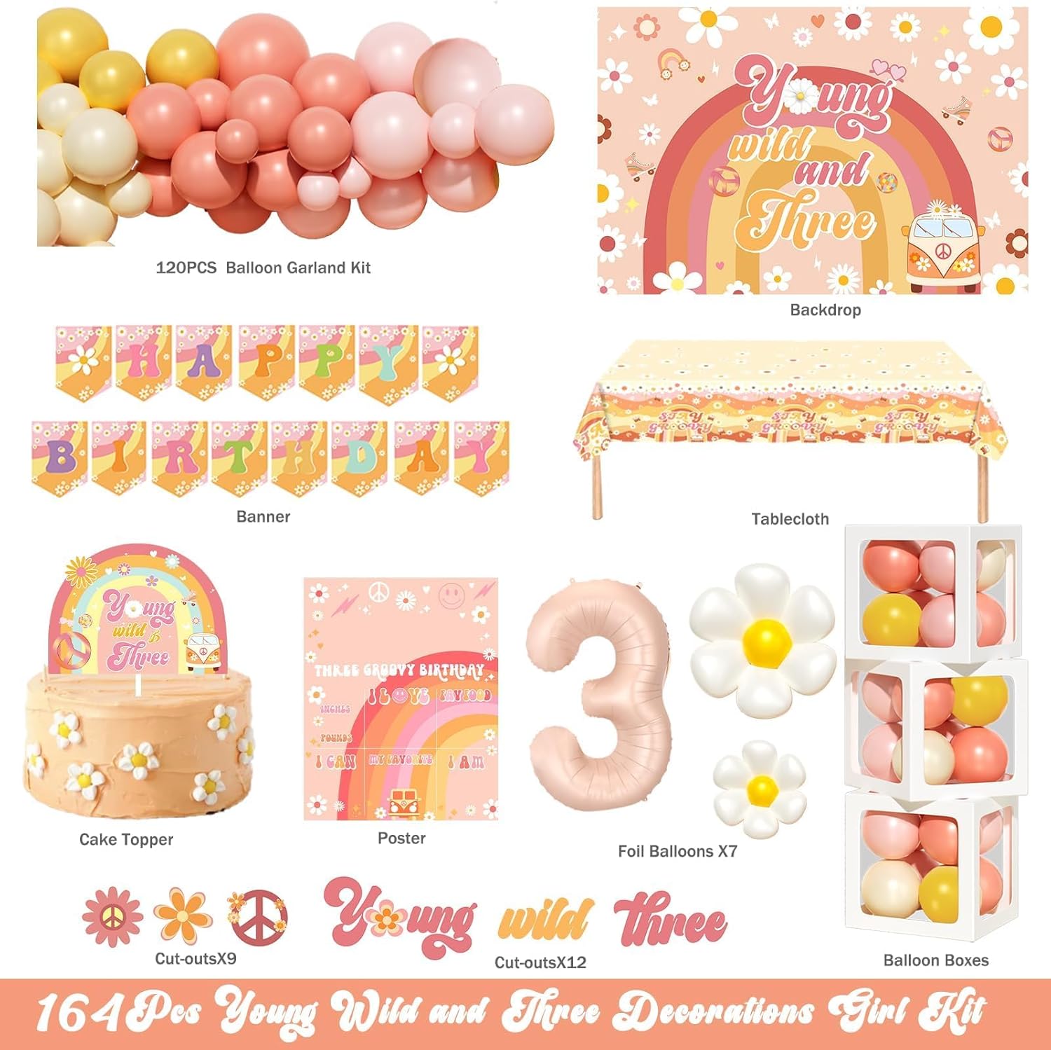 Young Wild and Three Decorations Girl, 3rd birthday decorations for girl, Boho Groovy Daisy Hippie 3rd Party Decorations, Backdrop Balloon Garland Banner Cake Topper Box Cutout Poster - Image 2