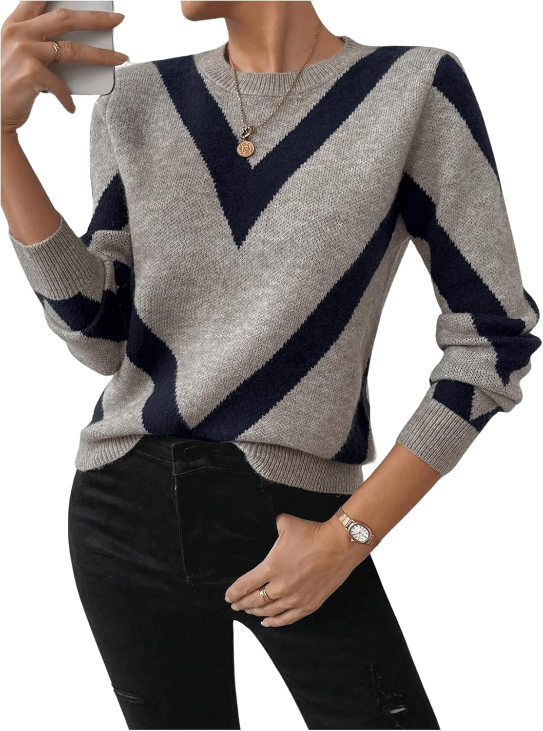 SweatyRocks Women’s Patterned Fuzzy Knit Business Sweater Long Sleeve Chunky Loose Fit Pullover Top