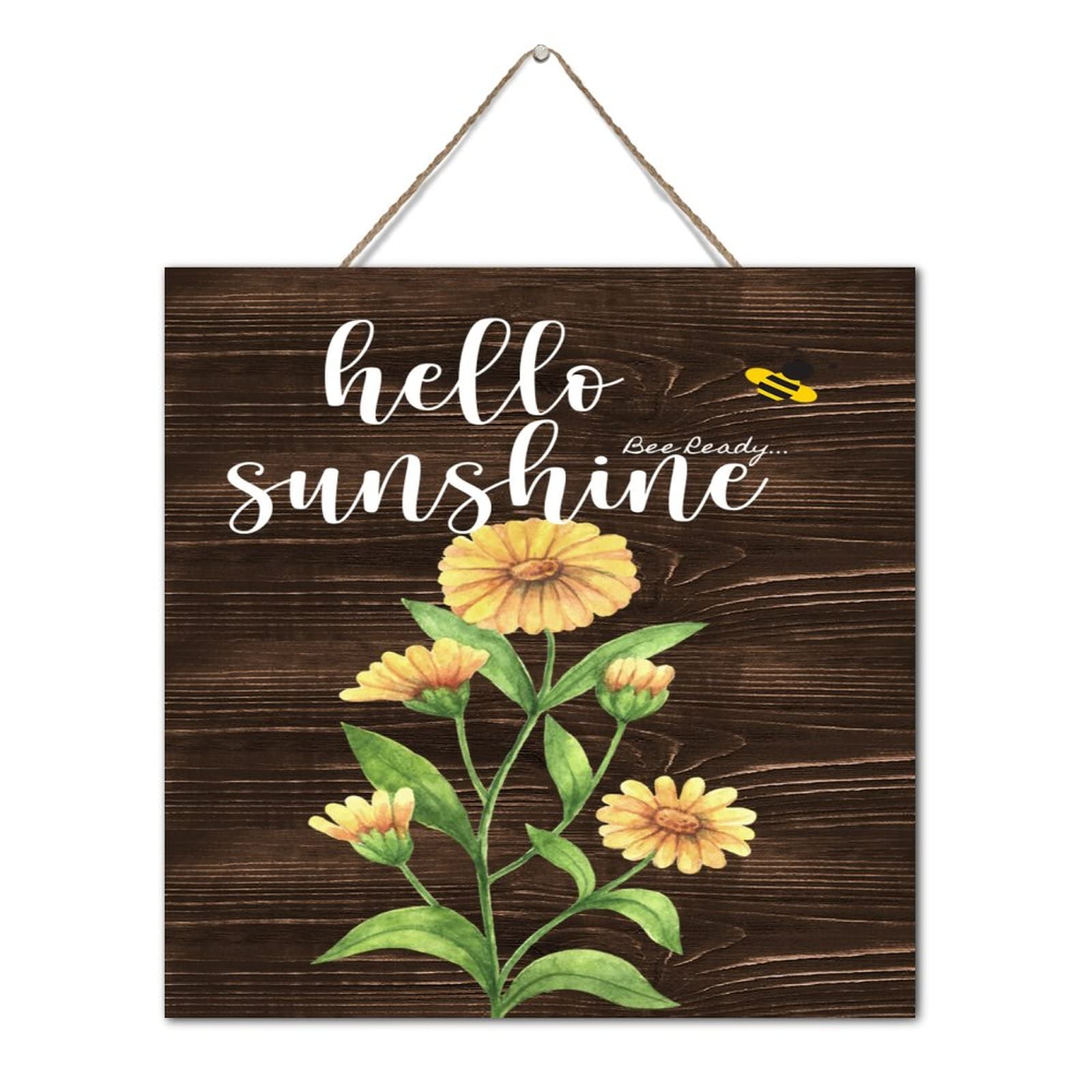 Panneau en bois Hello Sunshine 30x30 cm pour décoration murale d'entrée