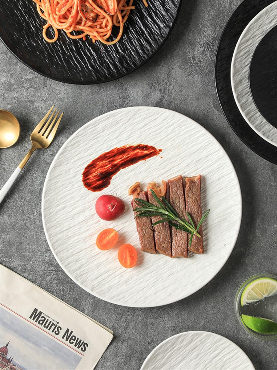 Dxcaicc Piatto Piano 8 Pollici 3 Pezzi Piatti Occidentali Smalto Opaco Rock Stone Pattern Delicato e Comodo da Toccare per Il microonde,Bianca,Deep Plate