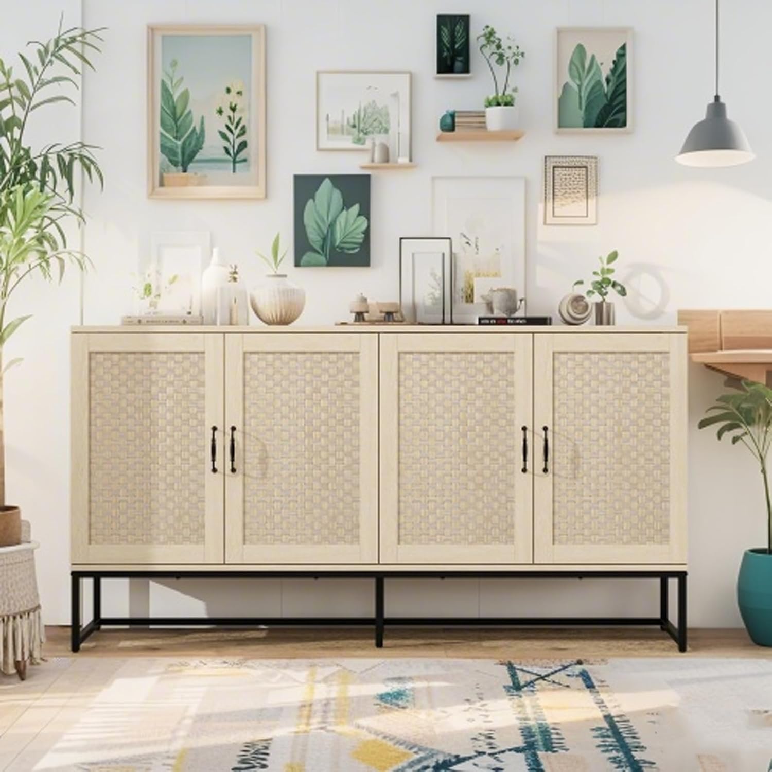 4 Door Rattan Sideboard Buffet Cabinet with Storage, Boho Cabinet with Adjustable Shelf, Credenza for Living Room, Reception Room, Entryway, Natural