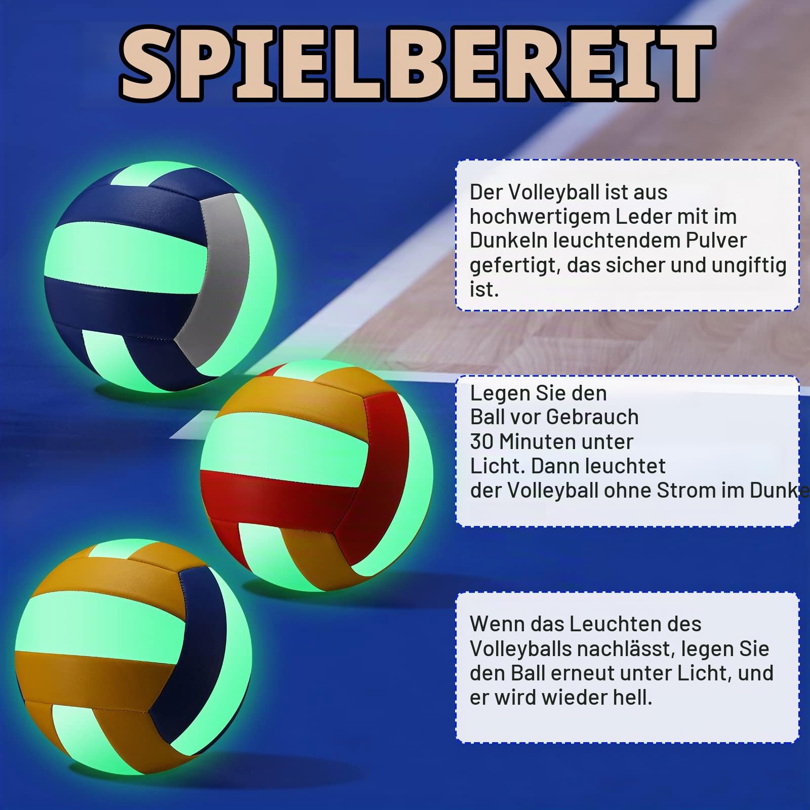 3 Stück Volleybälle, leuchtet im Dunkeln, offizielle Größe 5, mit Pumpe und Netztasche, wasserdicht, weich beleuchtet, Volleyball für Kinder, Jugendliche, Erwachsene, Training, Geschenk