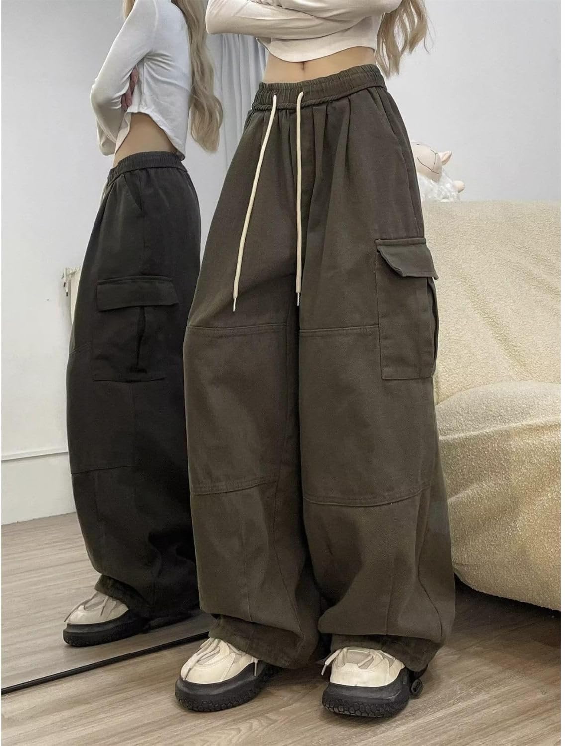 Baggy Cargo Pants for Women Men Y2k Wide Leg Sweatpants High Waisted Drawstring Pants Hip Hop Clothes - Image 2
