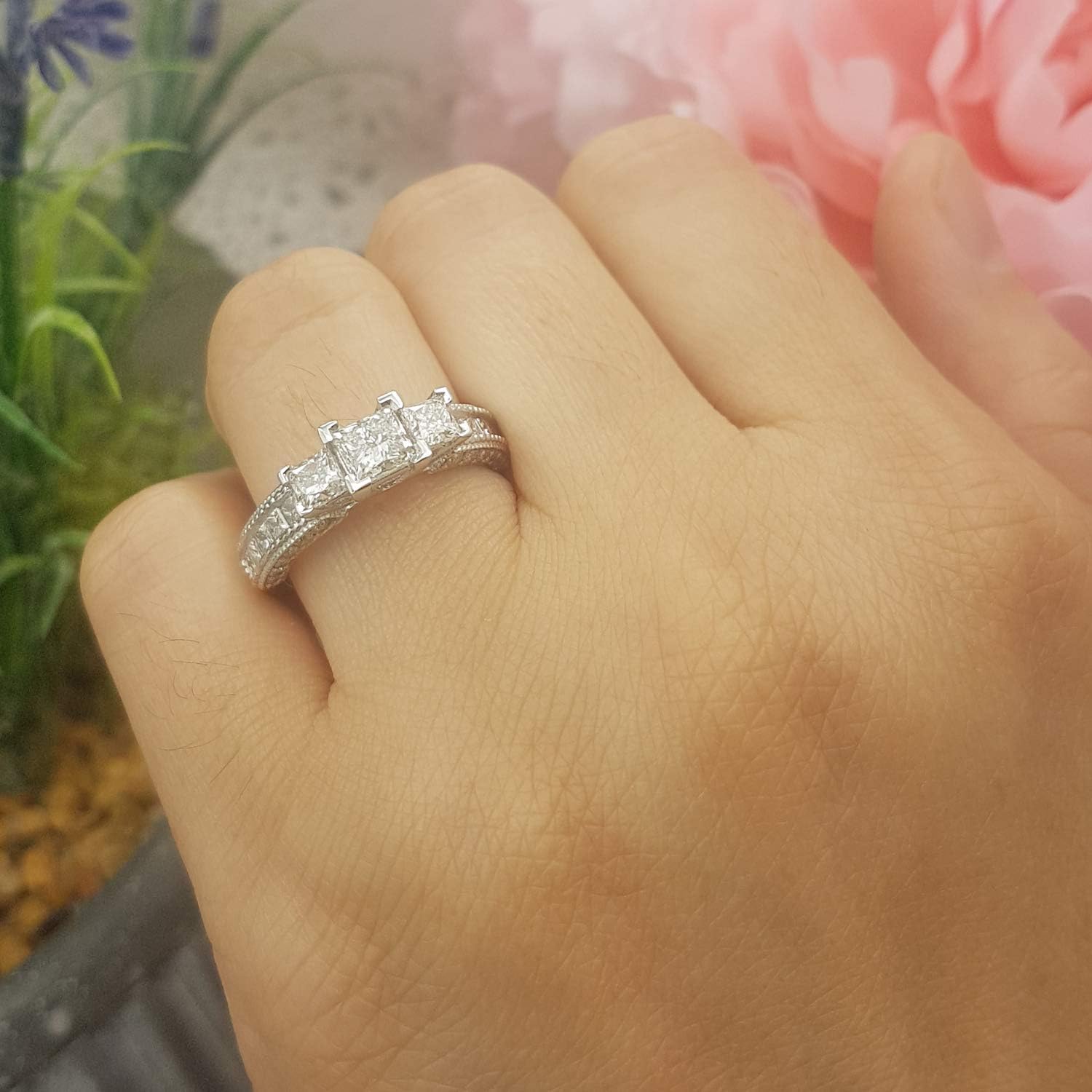 Dazzlingrock Collection 2.25 Ctw Princess & Round Natural Diamond Women 3 Stone Engagement Bridal Ring 2 White Real Solid Gold