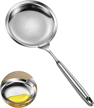 Ugotit Skimmer Spoon - Extra Large Stainless Steel Fine Mesh Strainer for Soup, Pasta & Deep Frying, Bacon Fat Filter with Thickened Grip DIA 5.9 Inch