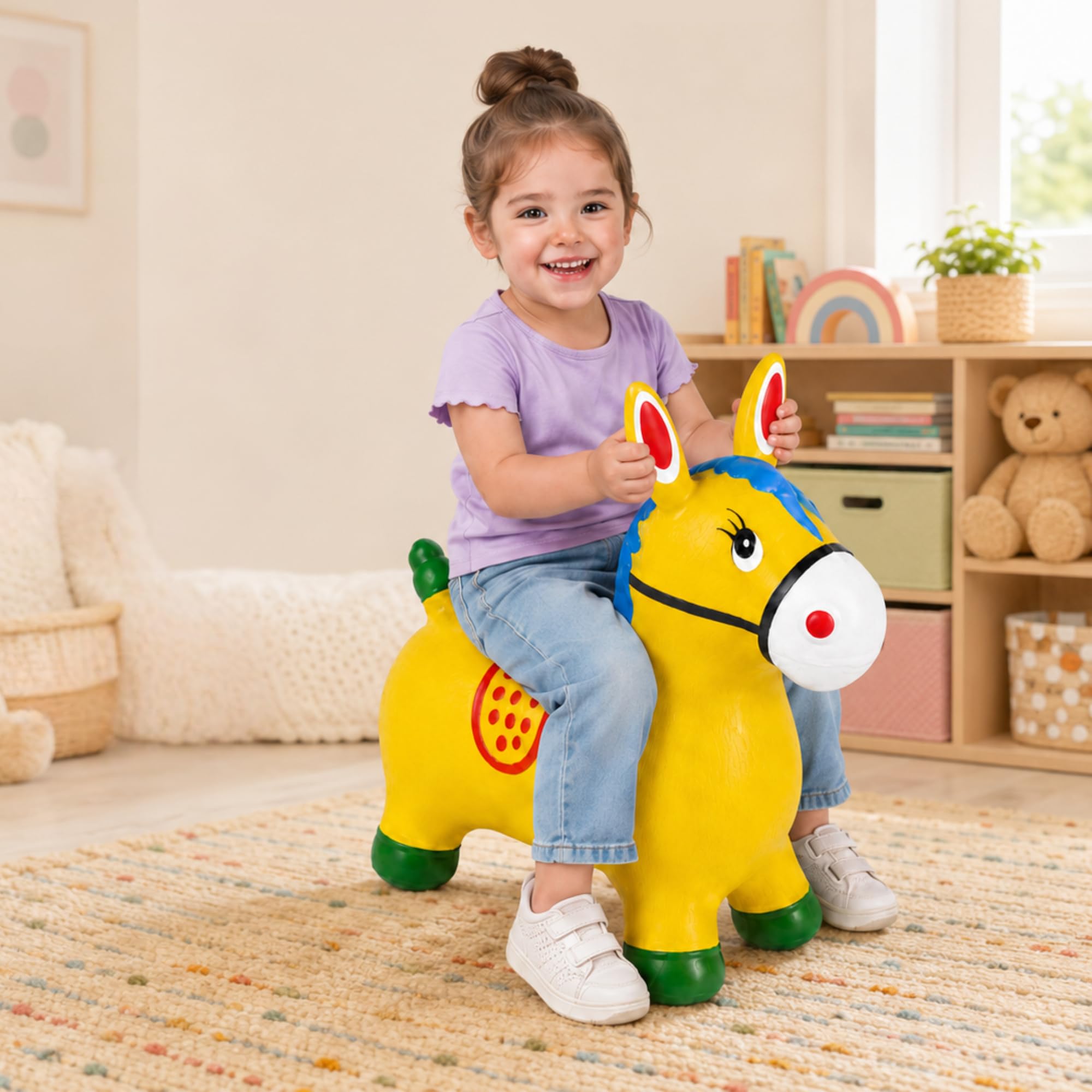 MAGIC SELECT Hüpftier für Kinder, Bunter Esel-Hüpfer zum Reiten und Springen, Spielzeug für Drinnen und Draußen