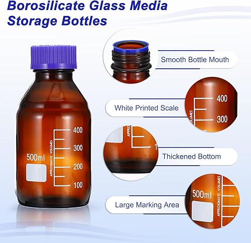 Miniatura 9 de PATIKIL Paquete de 4 botellas de almacenamiento de medios de reactivo, botellas redondas graduadas de vidrio borosilicato de 16.9 fl oz con tapa de