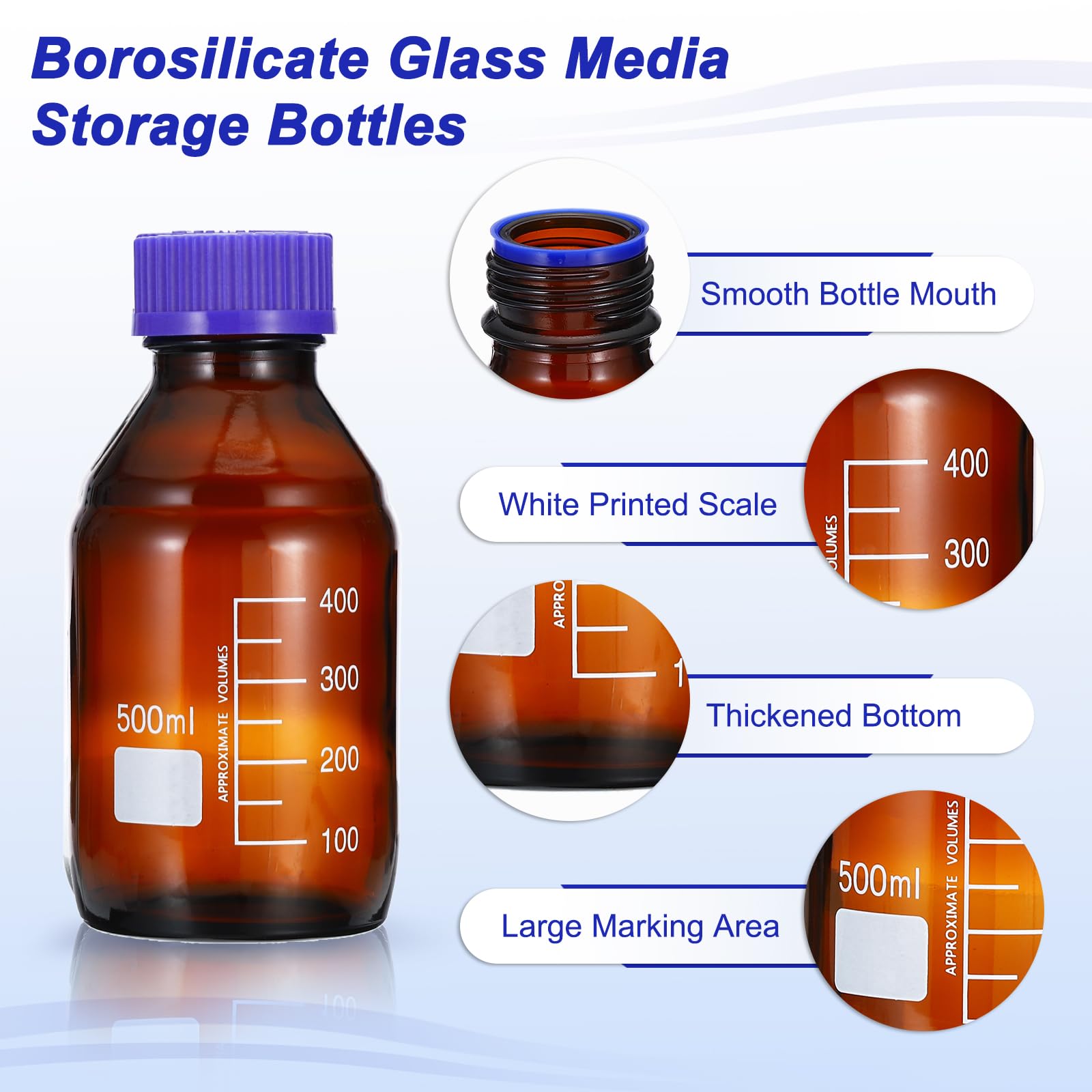 PATIKIL 4 Pack Medien Aufbewahrung Flaschen 500ml Borosilikat Glas Graduierte Rundflaschen mit GL45 Blau Schraube Deckel für Labor Wasser Reagenz Flüssigkeiten Braun