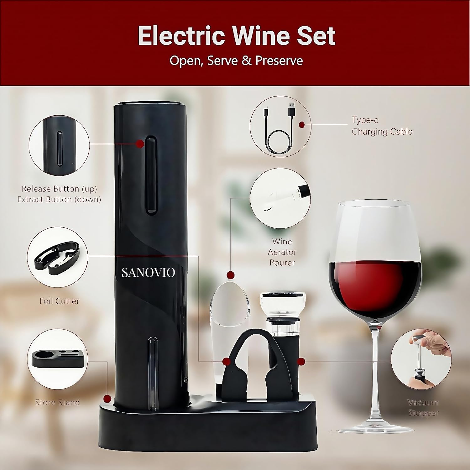 6-in-1 Electric Wine Opener Set - Rechargeable Automatic Corkscrew with Vacuum Sealer, Wine Aerator, Foil Cutter & Charging Base,Valentine's Day Gifts, Wine Lovers(Black) image 3