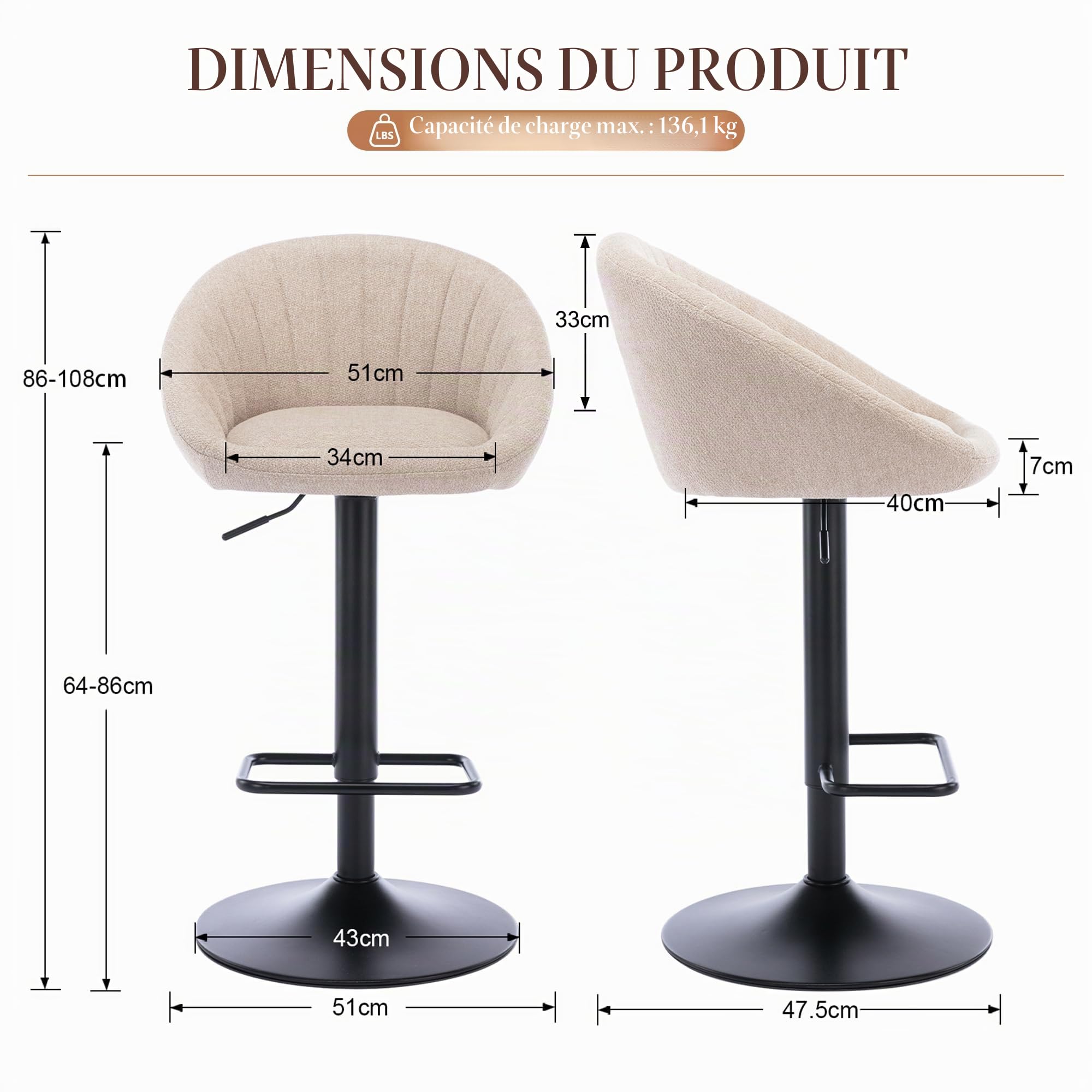 Ya-Home Tabourets de Bar Moderne Lot de 2 Chaise Bar Tissu Réglable en Hauteur, Chaise Haute Cuisine Confortable, Beige
