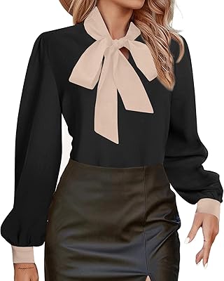 Avanova Women Tie Neck Bishop Long Sleeve Shirts Casual Work Blouses Tops