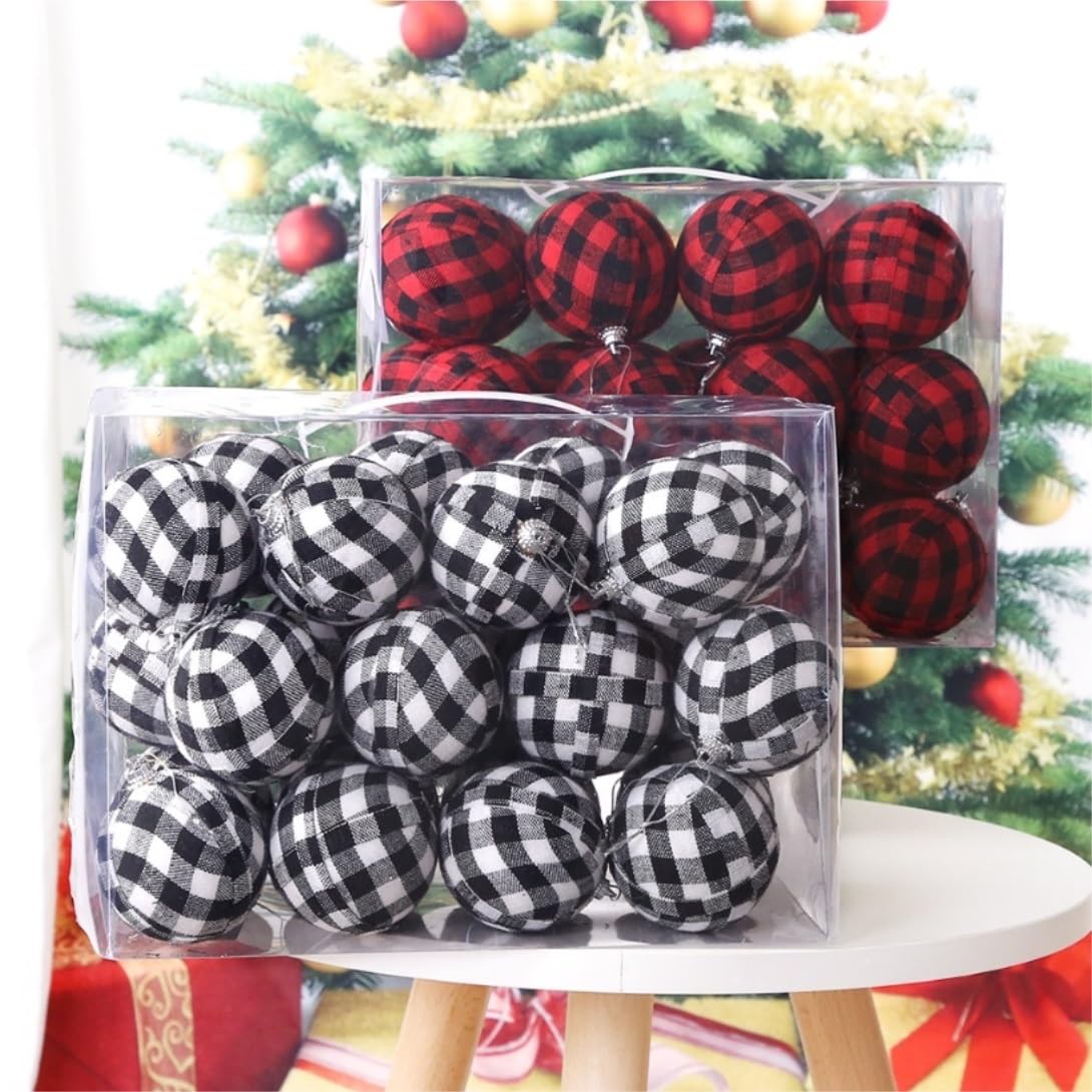 Palline di Natale 24 Ornamenti Natalizi con Palline da Appendere, Set di Natale Scozzesi, All'albero, per La Decorazione della Festa Decorazioni(Black+Red)